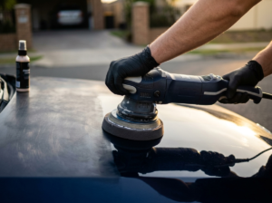 Person wearing gloves uses a power buffer on a car's roof; car polish bottle sits nearby in a driveway setup.