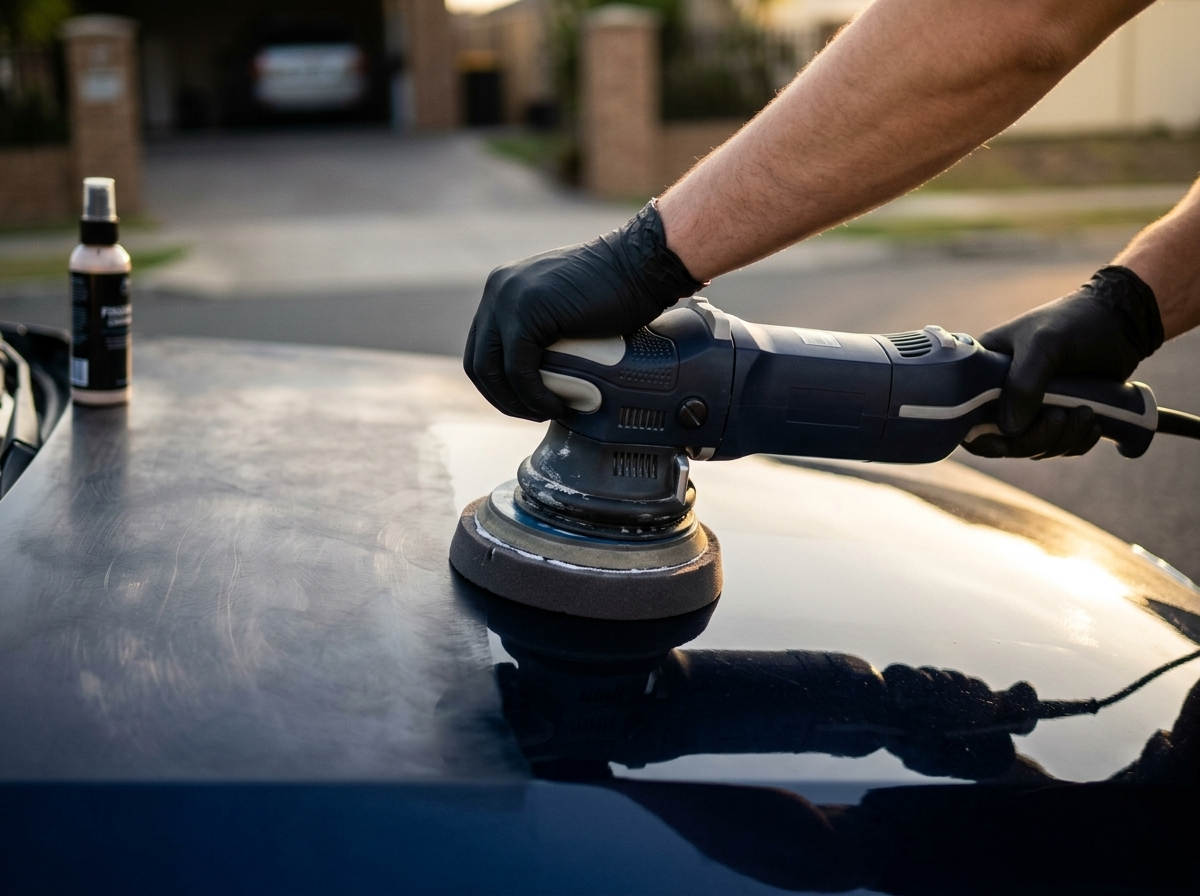 Person wearing gloves uses a power buffer on a car's roof; car polish bottle sits nearby in a driveway setup.