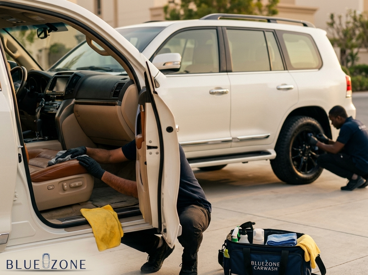 Two car wash workers detail a white SUV in a driveway: one kneels inside the open door to wipe the tan leather seat, the other crouches by the rear wheel; a BlueZone Carwash kit sits on the ground nearby.