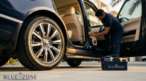 Professional car detailing: technician cleaning the car interior with door open and a BLUEZONE toolkit nearby.