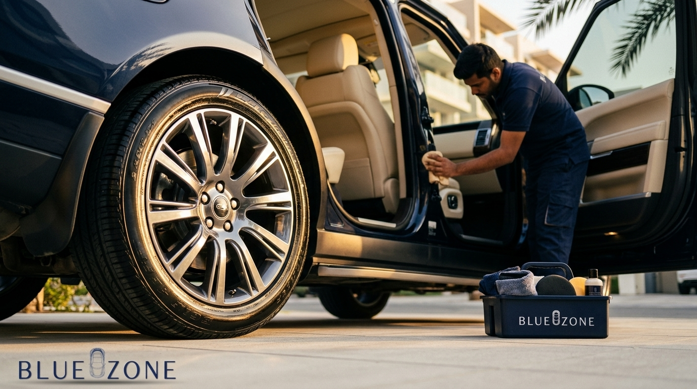 Professional car detailing: technician cleaning the car interior with door open and a BLUEZONE toolkit nearby.