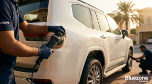 Worker polishes the side of a white SUV with a power polisher; another technician kneels by the front wheel in a sunny driveway; Bluezone Carwash logo visible.