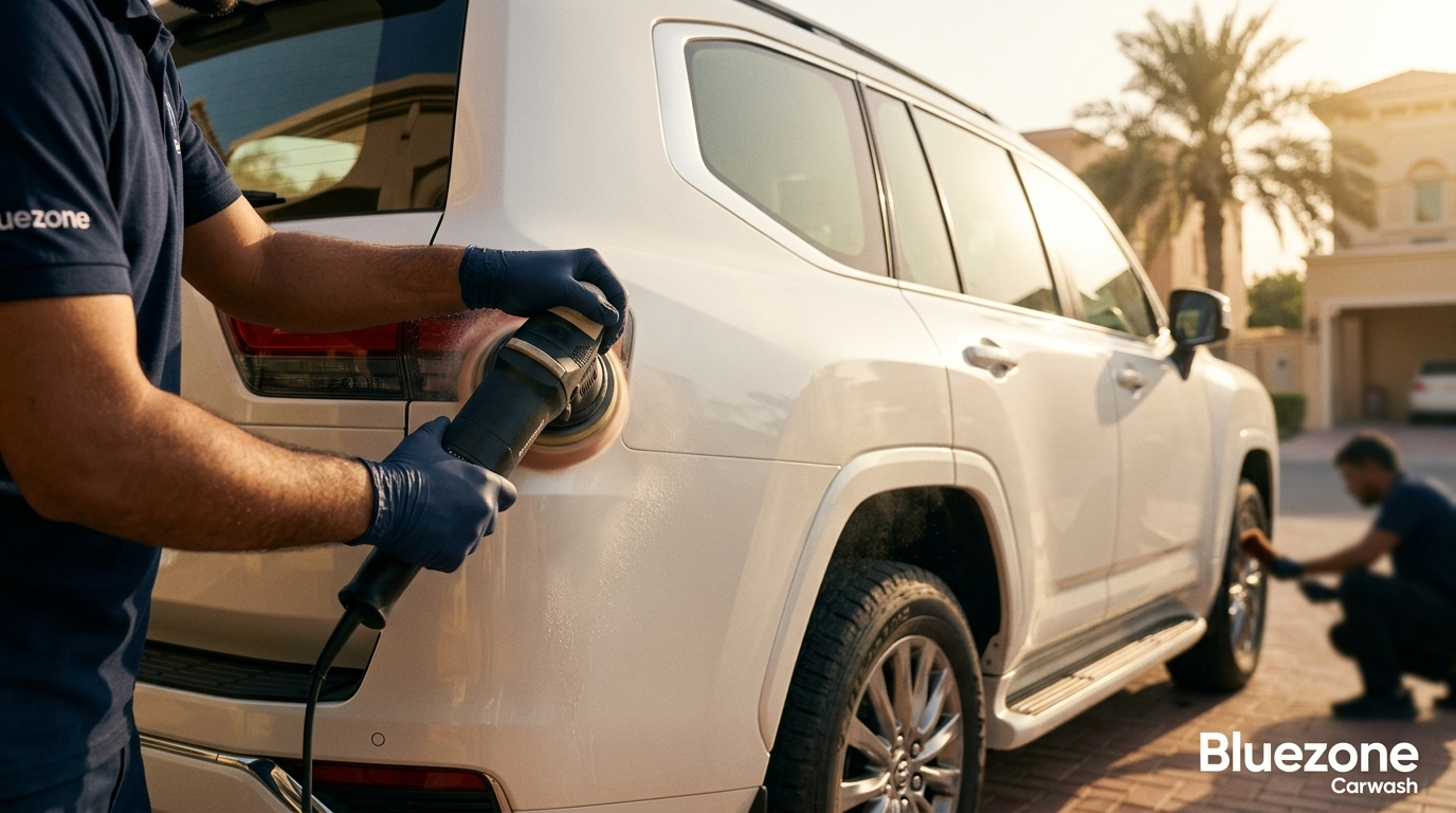 Worker polishes the side of a white SUV with a power polisher; another technician kneels by the front wheel in a sunny driveway; Bluezone Carwash logo visible.