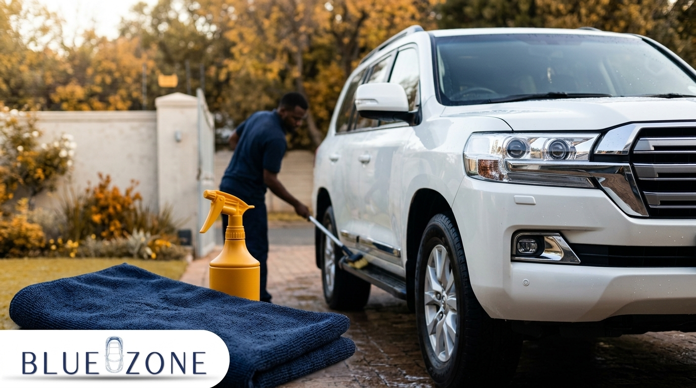 A technician cleaning a white SUV in a driveway, with a yellow spray bottle and blue towel in the foreground and autumn foliage in the background, BLUE ZONE logo visible in the corner.