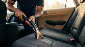 Person cleaning the interior of a car with a handheld vacuum, focusing on the back seat fabric.