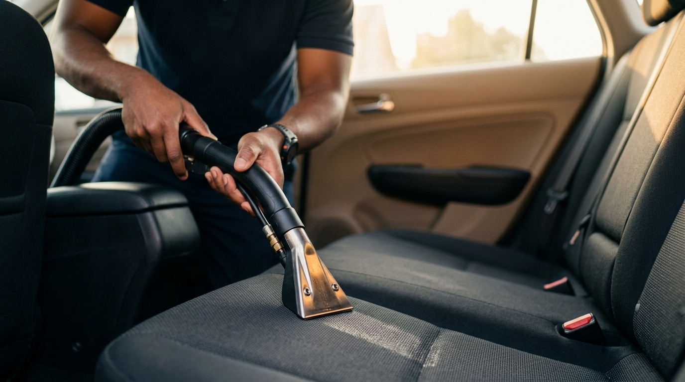 Person cleaning the interior of a car with a handheld vacuum, focusing on the back seat fabric.
