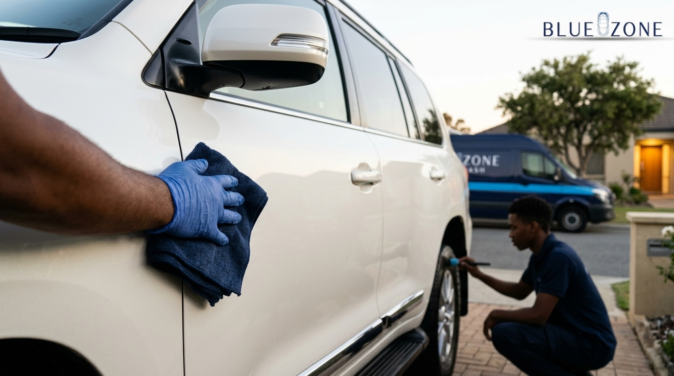 Technician wiping a white SUV with a blue cloth during a car detailing service, Bluezone van in background.