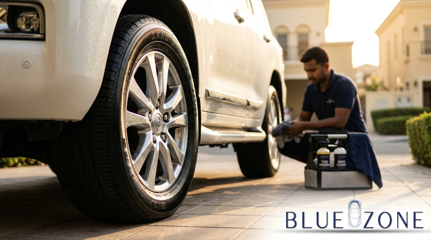 Tech kneeling by a white SUV, hand polishing the wheel with a detailing kit on a driveway, Blue Zone logo visible in corner.
